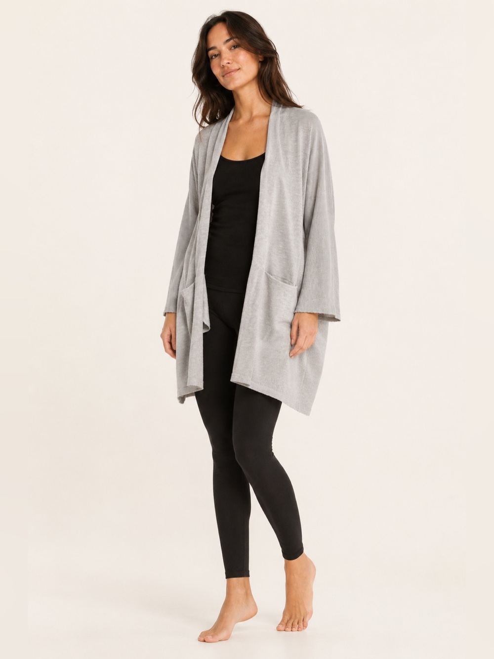 DONNI Ribbed Open Front Cardigan Gray Pocket Sweater OS